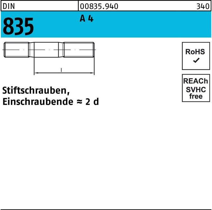 Produktbild Stiftschraube DIN 835 M 12 x 30 A 4 Einschraubende=2d (10 Schrauben pro Stück)