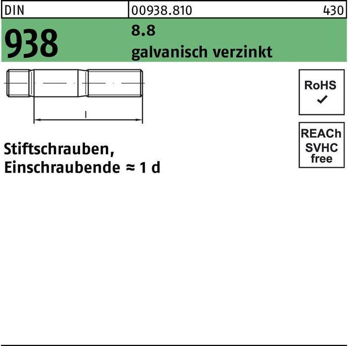 Actual product image Stud bolt DIN 938 M 10 x 20 8.8 electrogalvanised (50 Screws per piece)