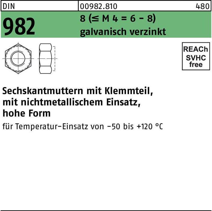 Sechskantmutter DIN 982 m.Klemmteil M 6 8 (= M 4 = 6-8) galvanisch verzinkt (M6)