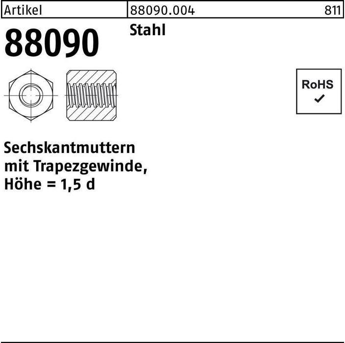 Produktbild Sechskantmutter R 88090 m.Trapezgewinde TR20x4-SW30x30 Stahl Höhe=1,5d (M20)