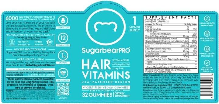 Nutritional values and ingredients Sugarbearhair Hair Vitamins Gummies 6 months (6 Piece, Gummies, 900 g)