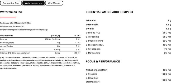 Nährwerte und Zutaten Vast Total Amino Energy+ - EAAS und natural caffeine - vegan - 375 g (Watermelon Ice, 1 Stk., 375 g)