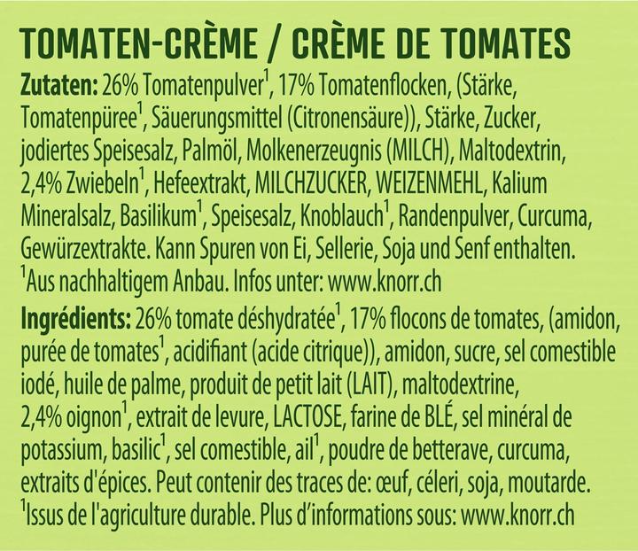 Nutritional values and ingredients Knorr Tomato cream soup sachet, tomato soup made from sun-ripened tomatoes, easy to prepare