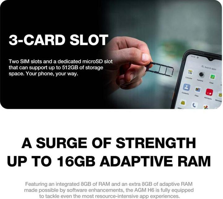 Immagine prodotto Bea-Fon Smartphone AGM Mobile H6 Rugged (256 GB, Nero, 6.56", Doppia SIM Ibrida, 50 Mpx, 4G)