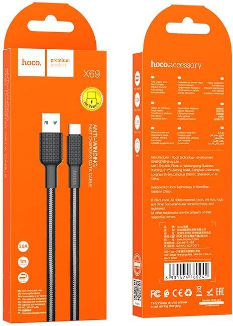 Actual product image Partner Telecom Hoco - Data Cable Jaeger (X69) - USB-A to USB Type-C, 3A, 1m - Black / White (1 m, USB 3.0)