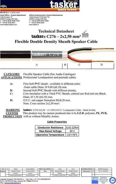 Immagine prodotto Tasker Cavo audio, nero, 100 m, PVC 3,50x9,20 mm (100 m, 2.50 mm².)