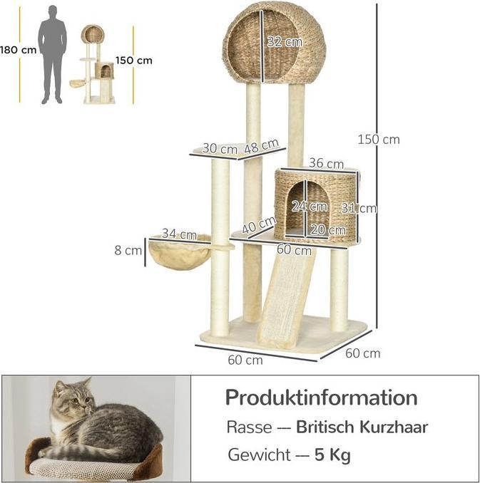 Produktbild Swisshandel24 Kratzbaum, 150 cm, Katzenbaum mit Katzenhaus, Kletterbaum mit Hängematte und Rampe, Katzenkratzbaum (150 cm, Braun, Creme)