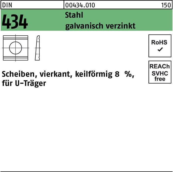 Produktbild U-Scheibe DIN 434 vierkant keilförmig 26 Stahl galvanisch verzinkt Neigung 8%