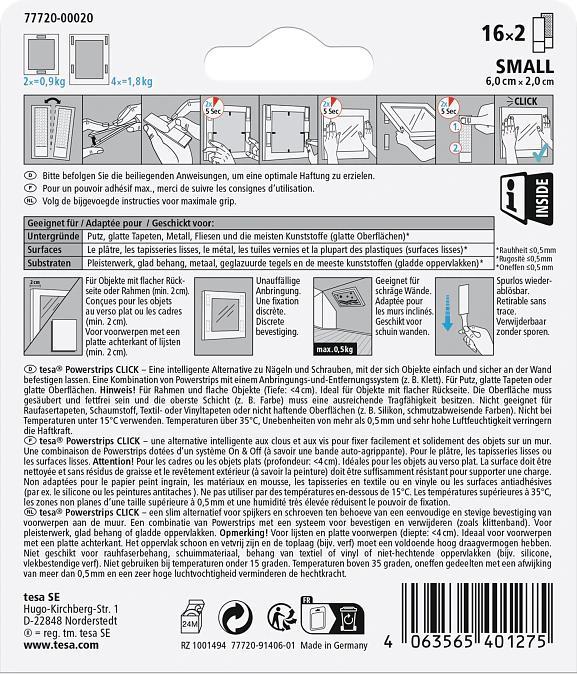 Nährwerte und Zutaten tesa Powerstrips CLICK - Klett-Klebepads - Bilder aufhängen ohne Bohren - Small 1,8kg - 16 x 2 Stück (20 mm)