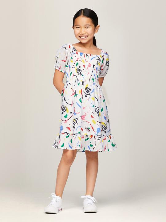 Immagine prodotto Tommy Hilfiger ALLOVER PRINT SMOCKED DRESS Meisjes Jurk - White - Maat 12 (12)