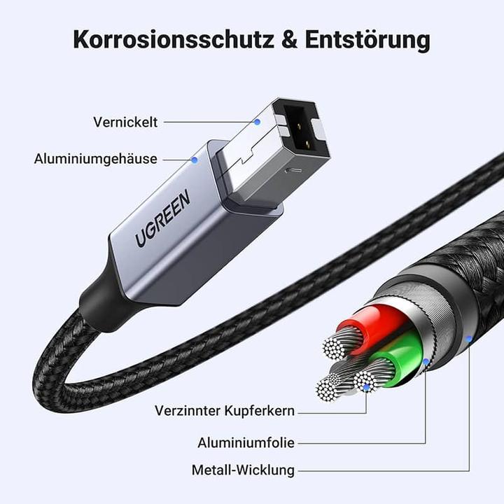 Produktbild Ugreen – USB-C auf USB-B 2.0 Druckerkabel – Alugehäuse 1 m (US370 / 80805), schwarz/grau (1 m, USB 2.0)