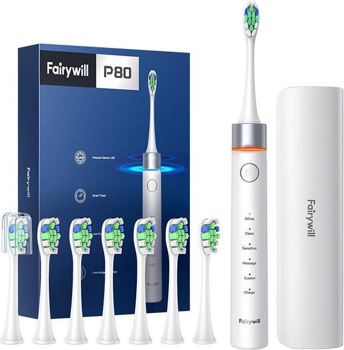 Fairywill FW-P80 sonic toothbrush with tip set and case (White) (Schallzahnbürste)