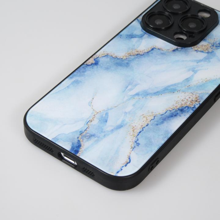 Produktbild PhoneLook Hülle Glass Marmor mit Silikonrand Hellblau (Apple iPhone 14 Pro Max)