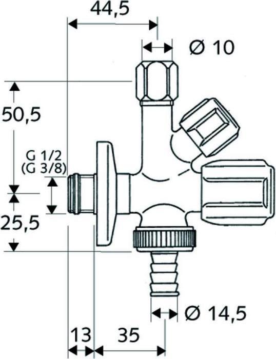 Actual product image Schell Angle valve, 1/2 " x 3/8 " x 3/4 " combined