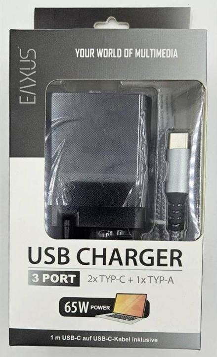Produktbild Eaxus USB Ladegerät mit Ladekabel, 3 Ports, 2x Typ-C & 1x Typ-A, 65 Watt, schwarz (65 W)