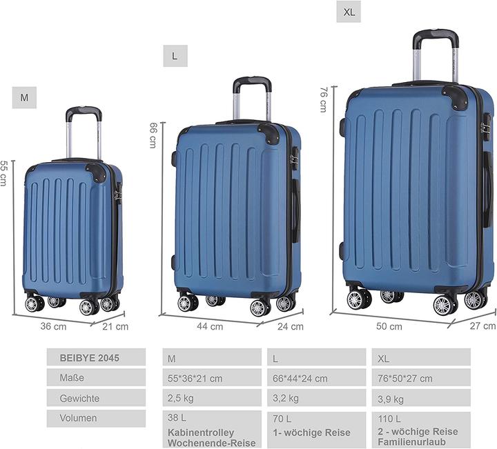 Produktbild Beibye Kofferset 2045, 3-teilig, Blau (110 l, M (50 - 90l), L (90 - 115l), XL (ab 115l))