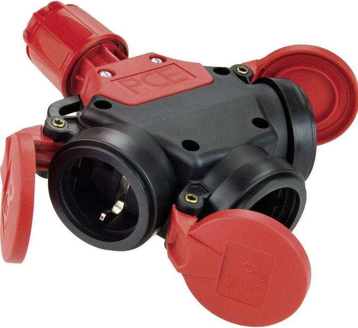 Actual product image PCE 3-way coupling with hinged cover solid rubber IP44 250V 16A 253622-s