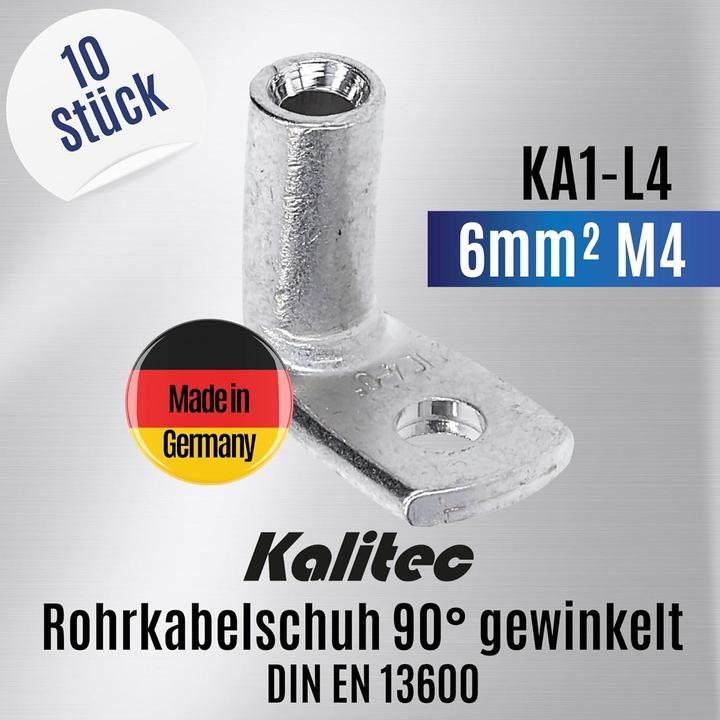 Produktbild Kalitec 10 Stück KA1-L4 Handelsübliche Rohrkabelschuhe gewinkelt 6mm² M4 I ohne Sichtloch I 90° I Ma