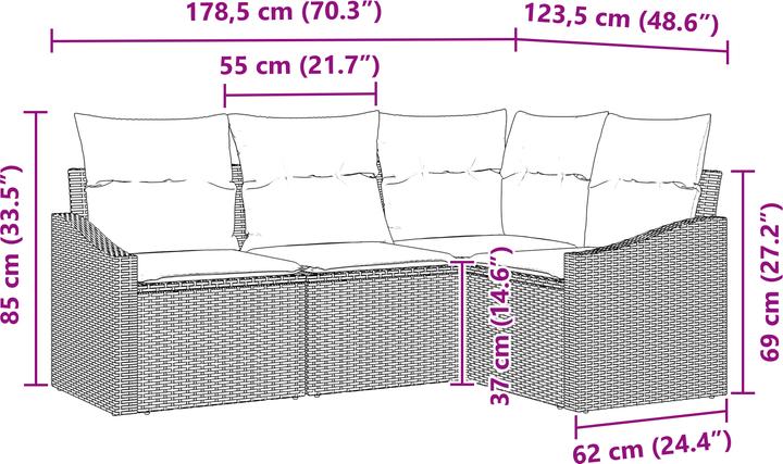 Produktbild VidaXL 4-teiliges Garten-Sofa-Set mit Kissen in schwarzem Poly-Rattan