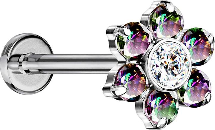 Star Piercing Micro Threadless Labret silber Blume Kristalle dunkel multicolor (Titan G23, ohne Messing)