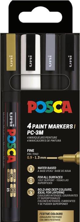 Actual product image Posca Marker PC-3M round tip (White, Gold, Black, Silver, 1.30 mm, 4 x)
