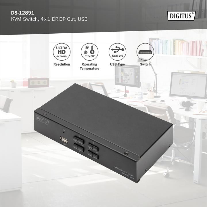 Produktbild Digitus KVM Switch, 4x1 DP, DP Out,USB