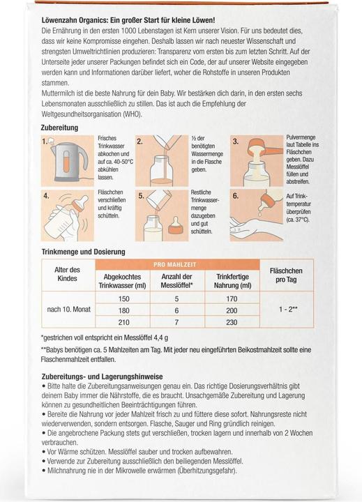 Nährwerte und Zutaten Löwenzahn Organics Folgemilch (500 g, ab 10 Monaten)
