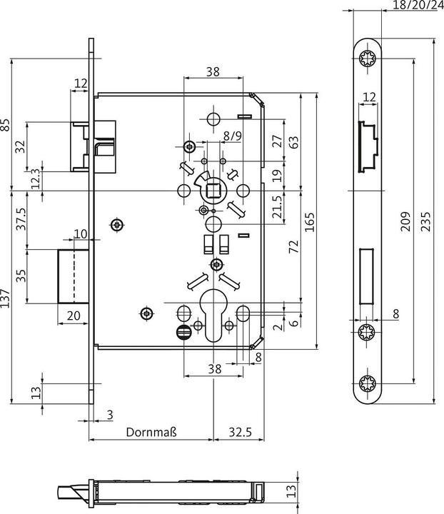 Produktbild BKS Objekt-Einsteckschloss 0715 PZ 20/ 55/72/8 mm DIN links Edelstahl abgerundet Klasse 4 (Einsteckschloss)