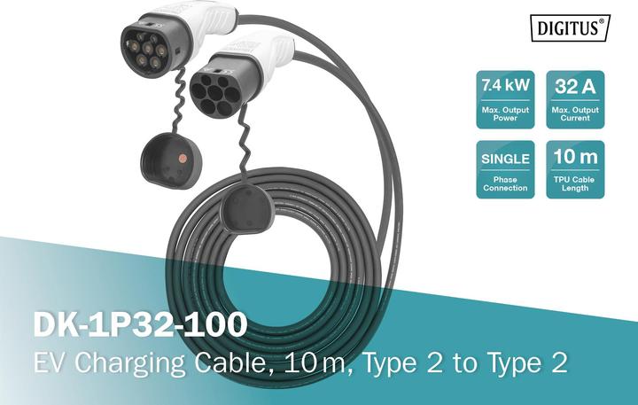 Produktbild Digitus Einphasig 32A - Ladekabel Typ 2 auf Typ 2 (Typ 2, 7.40 kW, 32 A, 10 m)