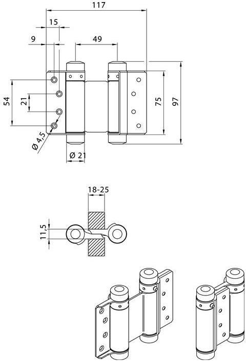 Actual product image Deni Swing door hinge steel nickel-plated size 29 length 75 mm 15 kg door thickness 18-25 mm
