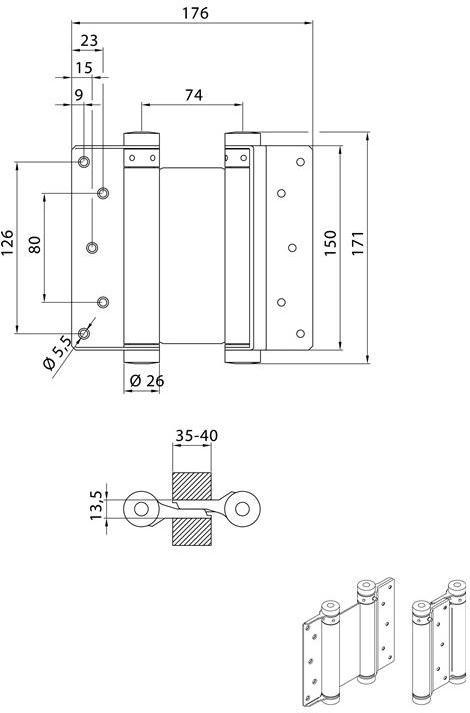 Image du produit Deni Charnière de porte pivotante acier nickelé taille 36 longueur 150 mm 40 kg épaisseur de la porte