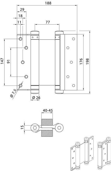 Actual product image Deni Swing door hinge steel nickel-plated size 39 length 175 mm 55 kg door thickness 40-45 mm