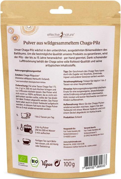 Nährwerte und Zutaten Effective Nature Bio Chaga Pilzpulver aus Wildsammlung (1 Stück, Pulver, 100 g)