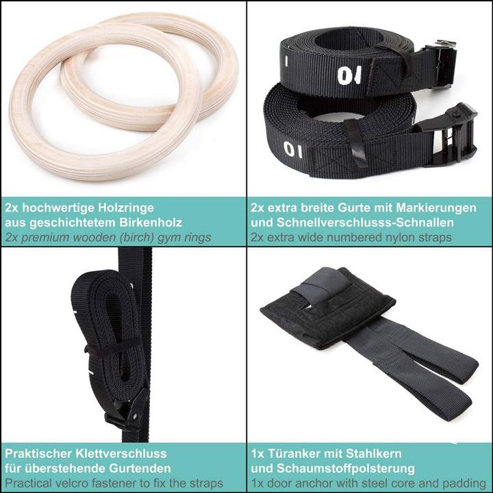 Produktbild Pullup & Dip Turnringe aus Holz inkl. Sportbeutel, Befestigungsgurten und Türanker