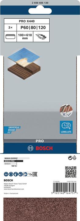 Produktbild Bosch Professional Zubehör PRO X440 Schleifband, 100 x 610 mm, G60, G80, G100, 3-tlg. (60, 80, 100)