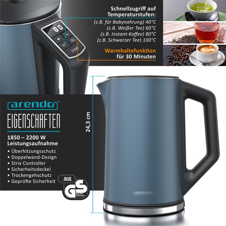 Actual product image Arendo Breakfast Set Stainless Steel Kettle 1.5l Temperature Selection & 4-Slice Long Slot Toaster Blue (1.50 l)