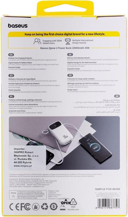 Produktbild Baseus Powerbank QPow 2 20000mAh 30W 2xUSB-C (white) (20000 mAh, 30 W, 30 Wh)
