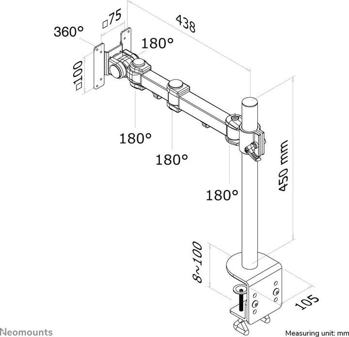 Immagine prodotto Neomounts Braccio per monitor LCD (morsetto) - 5 movimenti - lunghezza 434 mm (Tavolo, 27")