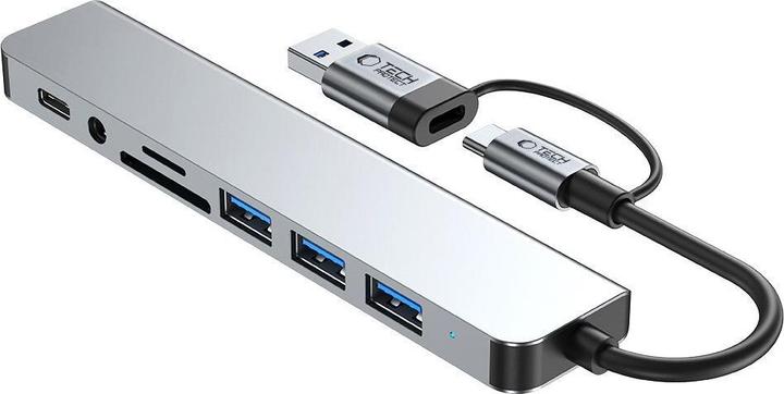 Produktbild Tech-Protect HB06 HUB Adapter 8in1 TYPE-C + USB2.0 + USB3.0 + SD/TF + AV3.5 - gray (USB-C, 8 Ports)