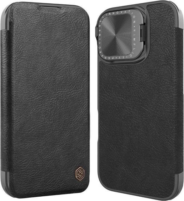 Produktbild Nillkin Qin Prop Leather Case with Camera Cover and Stand for iPhone 16 - Black (Apple iPhone 16)