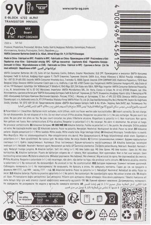 Immagine prodotto Varta 4722 Longlife Max Power 9V-Block, 9V Batterie ideal für Rauchmelder, Rauchwarnmelder (1 pz., 9V Block, 580 mAh)