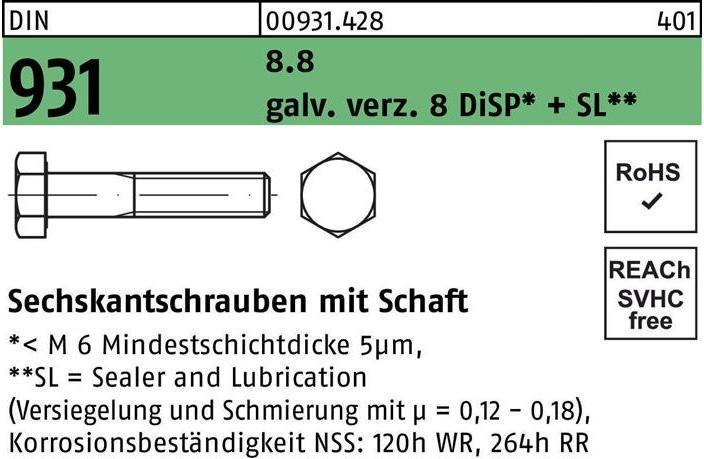 Productafbeelding Zeskantkopschroef DIN 931 w.schacht M 16 x 200 8.8 gal Zn 8 DiSP + SL (25 Schroeven per stuk)