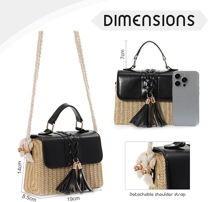 Produktbild Only-Bags.Store Quaste Dekor Stroh gewebt Handtaschen, Mini Rope Strap Crossbody Strandtasche, Frauen Top Handle