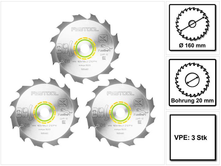 Actual product image Festool 3x Panther circular saw blade PW12 wood 160 x 1.8 x 20 mm 160 mm 12 teeth ( 3x 500460 ) HKC TS