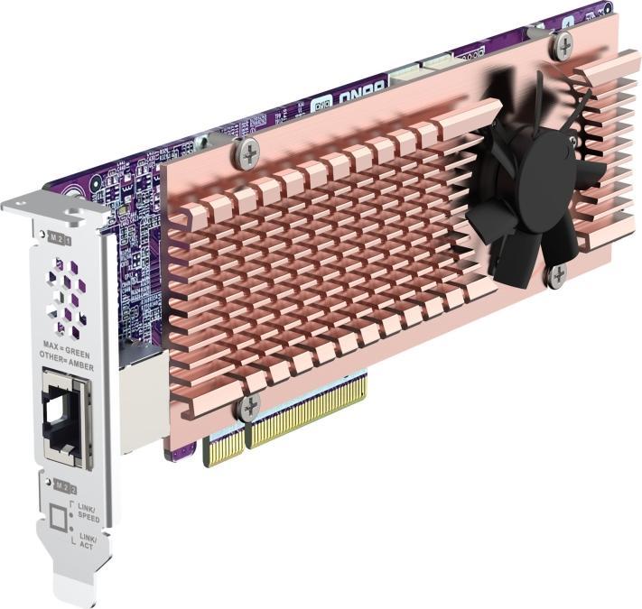 Actual product image QNAP Card QM2 series 2xPCIe 2280 M.2 SSD slots PCIe Gen4x8 1xAQC113C 10GbE NBASE-T port