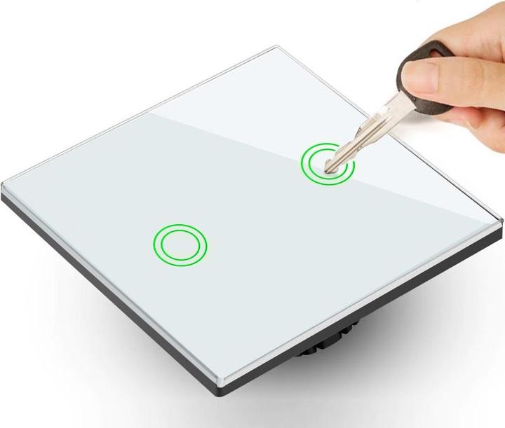 Produktbild Maclean Touch-Lichtschalter, doppelt, Glas, weiß mit runder Taste Energy MCE704W, Maße 86x86mm, mit