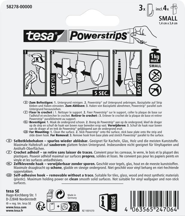 Produktbild tesa Powerstrips Klebehaken SMALL Eckig - 3 x selbstklebende Wandhaken