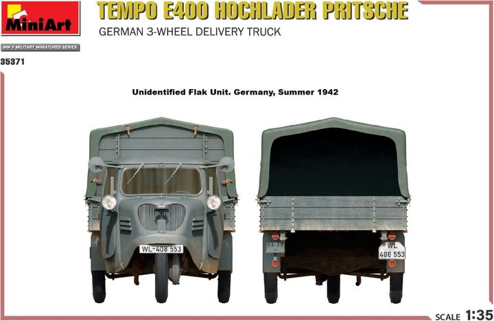 Actual product image Mini art Tempo E400 high loader flatbed. German 3-Wheel Delivery Truck