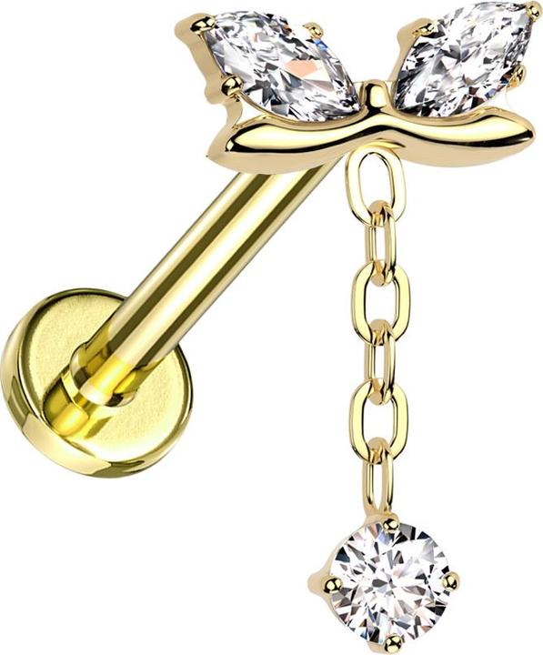Image du produit Hollywood Body Jewelry Micro Labret femelle plaqué or barre incurvée deux cristaux ovales argent pendentif chaîne (sans laiton, Titane G23)