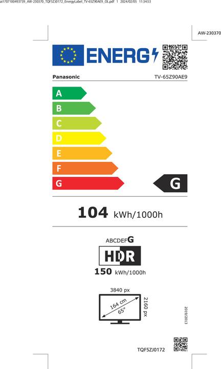 Energie-Label Panasonic TV-65Z90AE9 Ultra HD HDR MASTER OLED-TV 65 (164 cm) FOS (65", OLED, 4K)